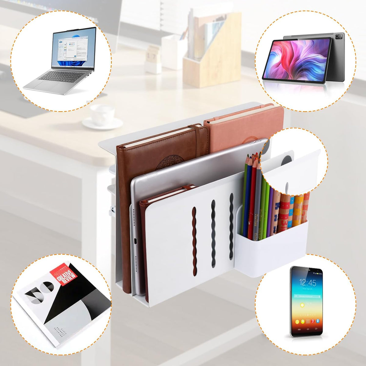 Desk Side Storage, Under Desk Laptop Mount, Table Side Hanging File Organizer, No Drill Clamp On Cable Management Tray, Laptop Holder with Magnetic Pen Holder for Office and Home(Black)