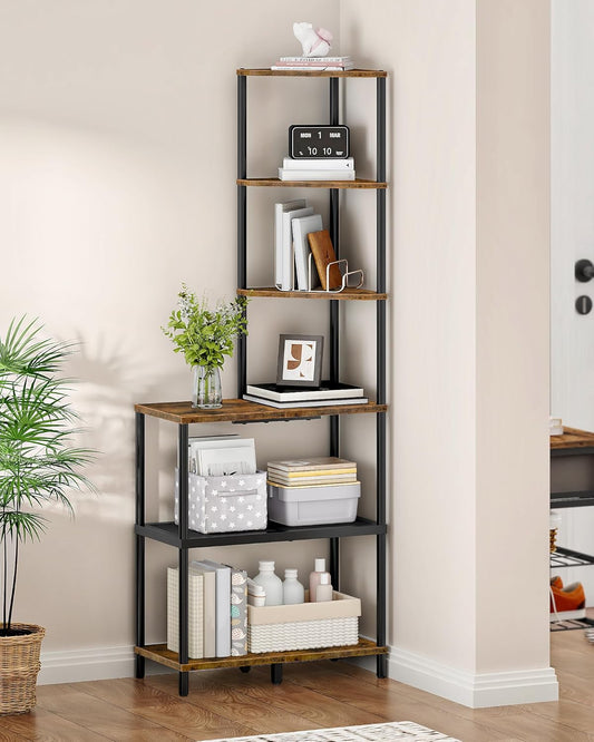 6-Tier Corner Shelf, Industrial Corner Bookshelf with Desk Top, Diamond-Shaped Storage Shelves, Display Stand for Small Spaces, Living Room, Home Office, Foyer, Rustic Brown and Black TCJ70BF