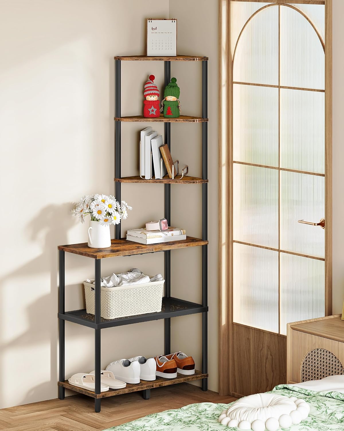 6-Tier Corner Shelf, Industrial Corner Bookshelf with Desk Top, Diamond-Shaped Storage Shelves, Display Stand for Small Spaces, Living Room, Home Office, Foyer, Rustic Brown and Black TCJ70BF