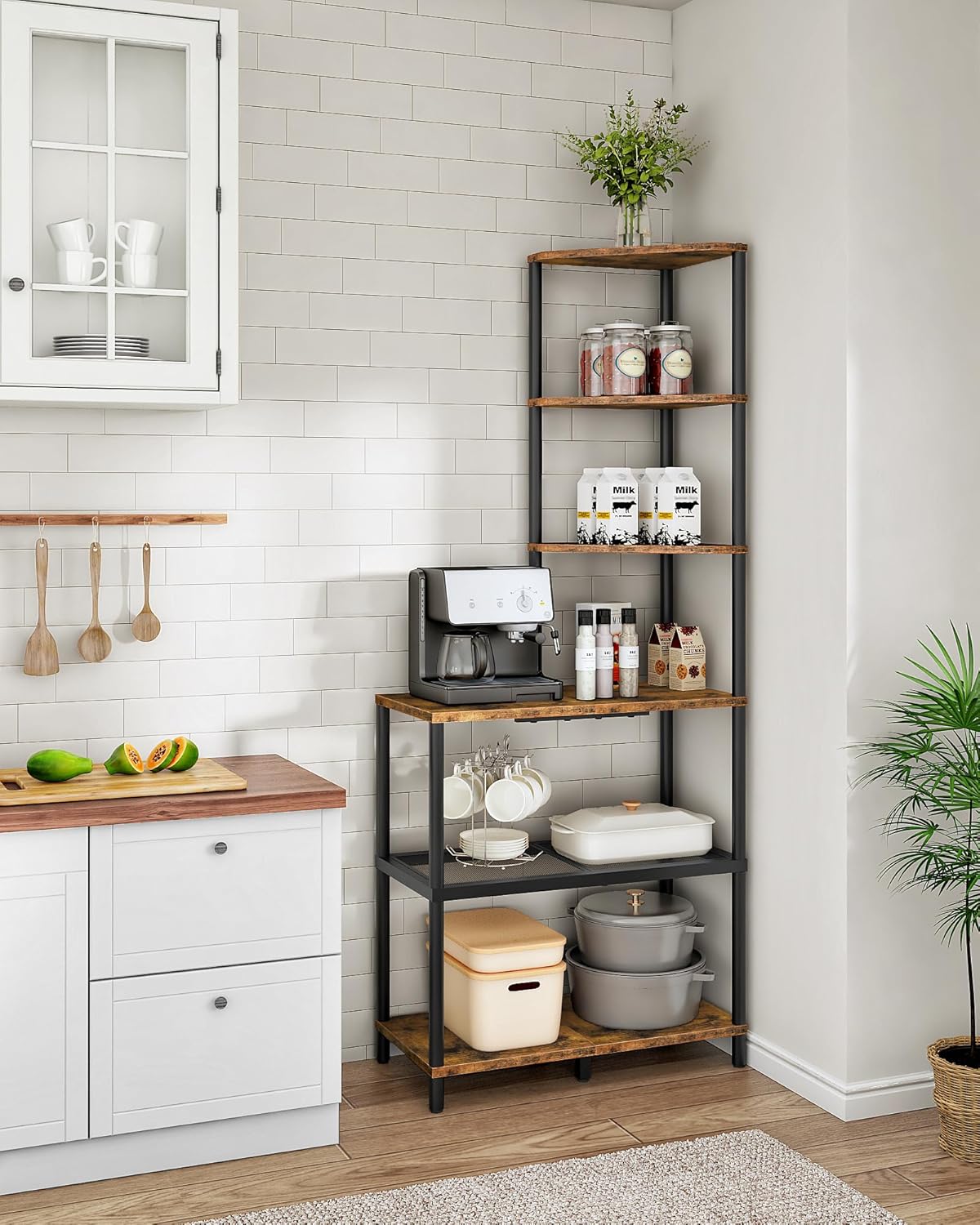6-Tier Corner Shelf, Industrial Corner Bookshelf with Desk Top, Diamond-Shaped Storage Shelves, Display Stand for Small Spaces, Living Room, Home Office, Foyer, Rustic Brown and Black TCJ70BF