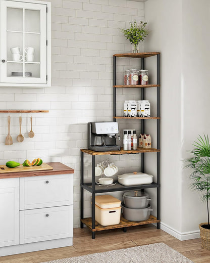6-Tier Corner Shelf, Industrial Corner Bookshelf with Desk Top, Diamond-Shaped Storage Shelves, Display Stand for Small Spaces, Living Room, Home Office, Foyer, Rustic Brown and Black TCJ70BF