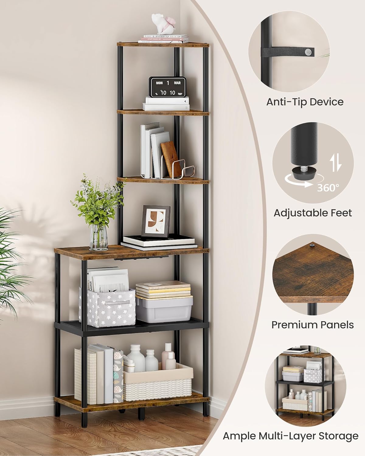 6-Tier Corner Shelf, Industrial Corner Bookshelf with Desk Top, Diamond-Shaped Storage Shelves, Display Stand for Small Spaces, Living Room, Home Office, Foyer, Rustic Brown and Black TCJ70BF