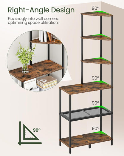 6-Tier Corner Shelf, Industrial Corner Bookshelf with Desk Top, Diamond-Shaped Storage Shelves, Display Stand for Small Spaces, Living Room, Home Office, Foyer, Rustic Brown and Black TCJ70BF