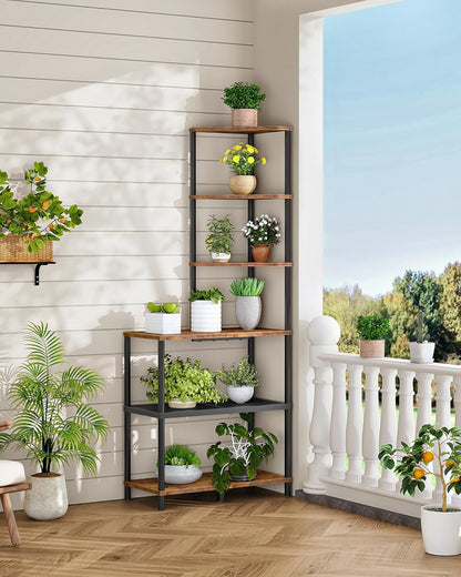 6-Tier Corner Shelf, Industrial Corner Bookshelf with Desk Top, Diamond-Shaped Storage Shelves, Display Stand for Small Spaces, Living Room, Home Office, Foyer, Rustic Brown and Black TCJ70BF