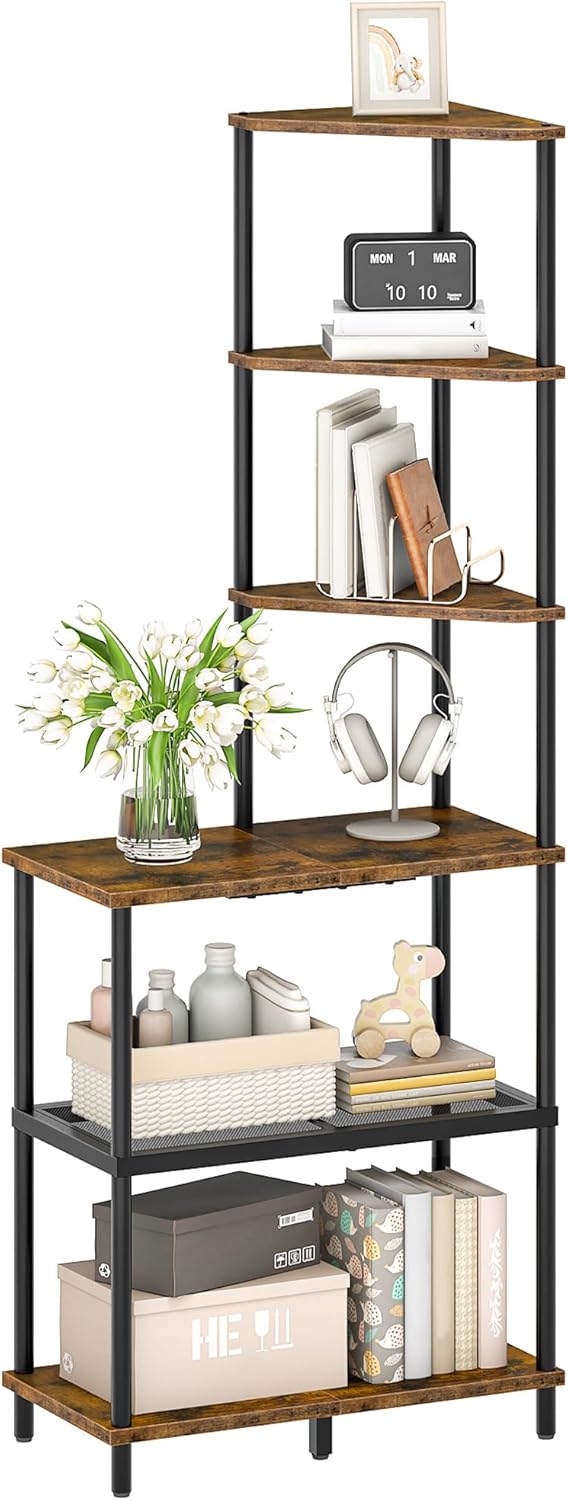6-Tier Corner Shelf, Industrial Corner Bookshelf with Desk Top, Diamond-Shaped Storage Shelves, Display Stand for Small Spaces, Living Room, Home Office, Foyer, Rustic Brown and Black TCJ70BF
