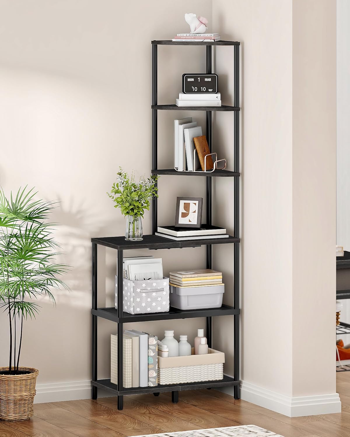 6-Tier Corner Shelf, Industrial Corner Bookshelf with Desk Top, Diamond-Shaped Storage Shelves, Display Stand for Small Spaces, Living Room, Home Office, Foyer, Rustic Brown and Black TCJ70BF