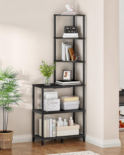 6-Tier Corner Shelf, Industrial Corner Bookshelf with Desk Top, Diamond-Shaped Storage Shelves, Display Stand for Small Spaces, Living Room, Home Office, Foyer, Rustic Brown and Black TCJ70BF