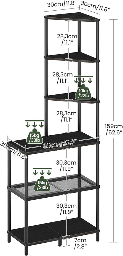 6-Tier Corner Shelf, Industrial Corner Bookshelf with Desk Top, Diamond-Shaped Storage Shelves, Display Stand for Small Spaces, Living Room, Home Office, Foyer, Rustic Brown and Black TCJ70BF