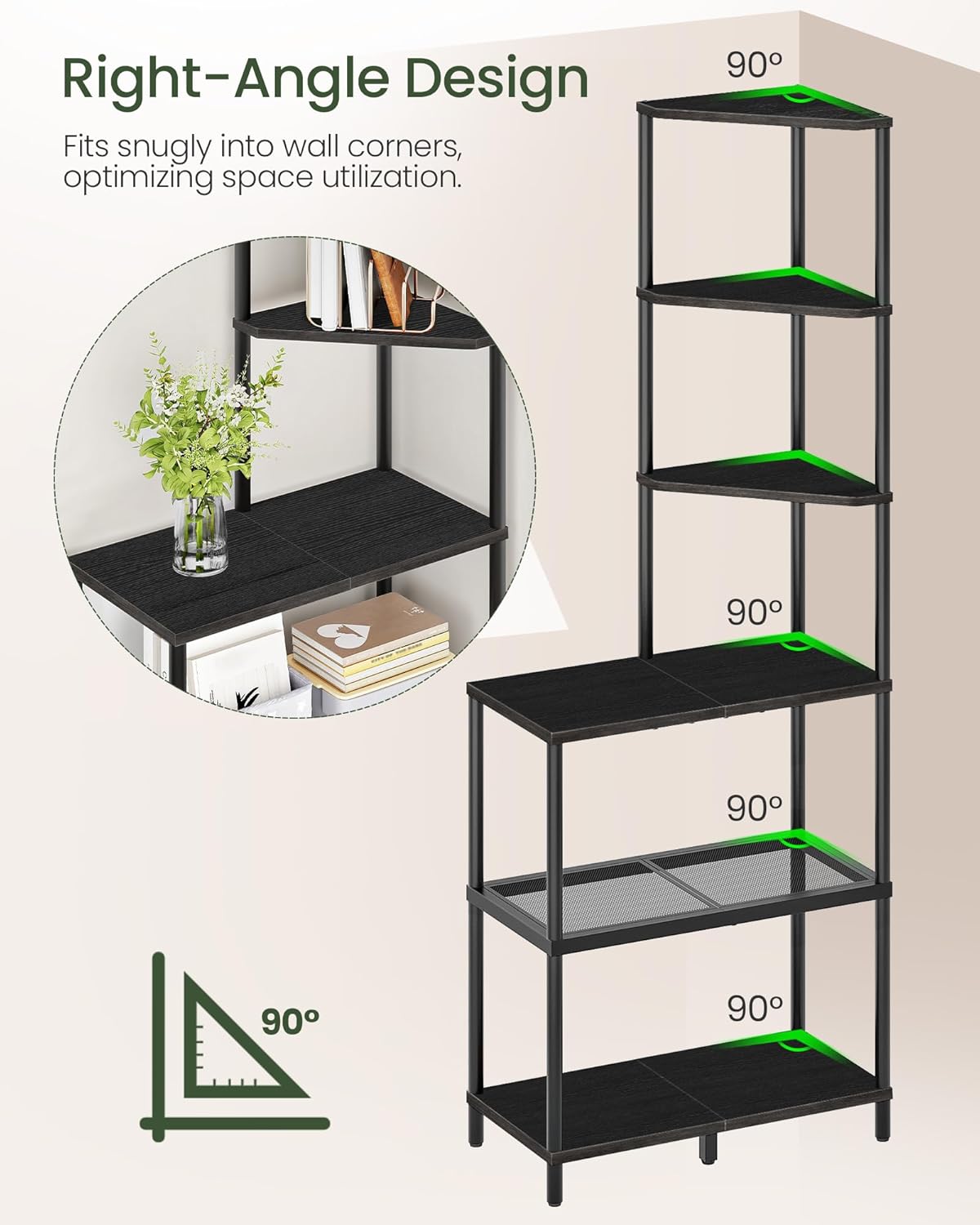 6-Tier Corner Shelf, Industrial Corner Bookshelf with Desk Top, Diamond-Shaped Storage Shelves, Display Stand for Small Spaces, Living Room, Home Office, Foyer, Rustic Brown and Black TCJ70BF