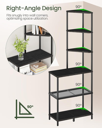 6-Tier Corner Shelf, Industrial Corner Bookshelf with Desk Top, Diamond-Shaped Storage Shelves, Display Stand for Small Spaces, Living Room, Home Office, Foyer, Rustic Brown and Black TCJ70BF