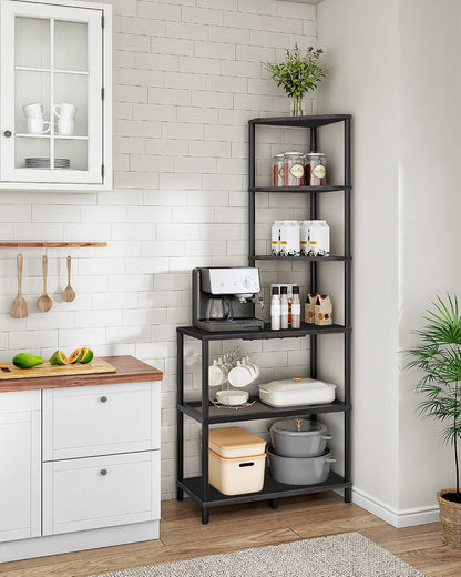 6-Tier Corner Shelf, Industrial Corner Bookshelf with Desk Top, Diamond-Shaped Storage Shelves, Display Stand for Small Spaces, Living Room, Home Office, Foyer, Rustic Brown and Black TCJ70BF