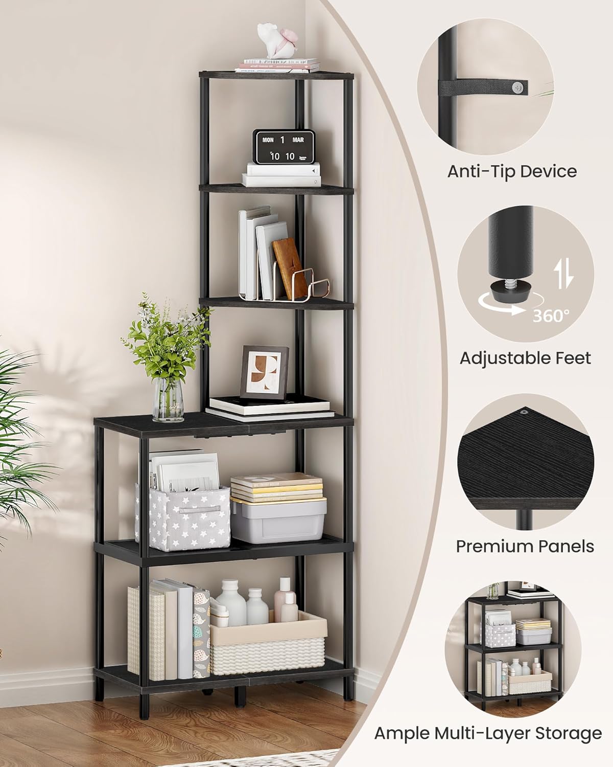 6-Tier Corner Shelf, Industrial Corner Bookshelf with Desk Top, Diamond-Shaped Storage Shelves, Display Stand for Small Spaces, Living Room, Home Office, Foyer, Rustic Brown and Black TCJ70BF