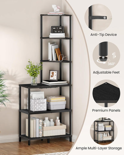 6-Tier Corner Shelf, Industrial Corner Bookshelf with Desk Top, Diamond-Shaped Storage Shelves, Display Stand for Small Spaces, Living Room, Home Office, Foyer, Rustic Brown and Black TCJ70BF
