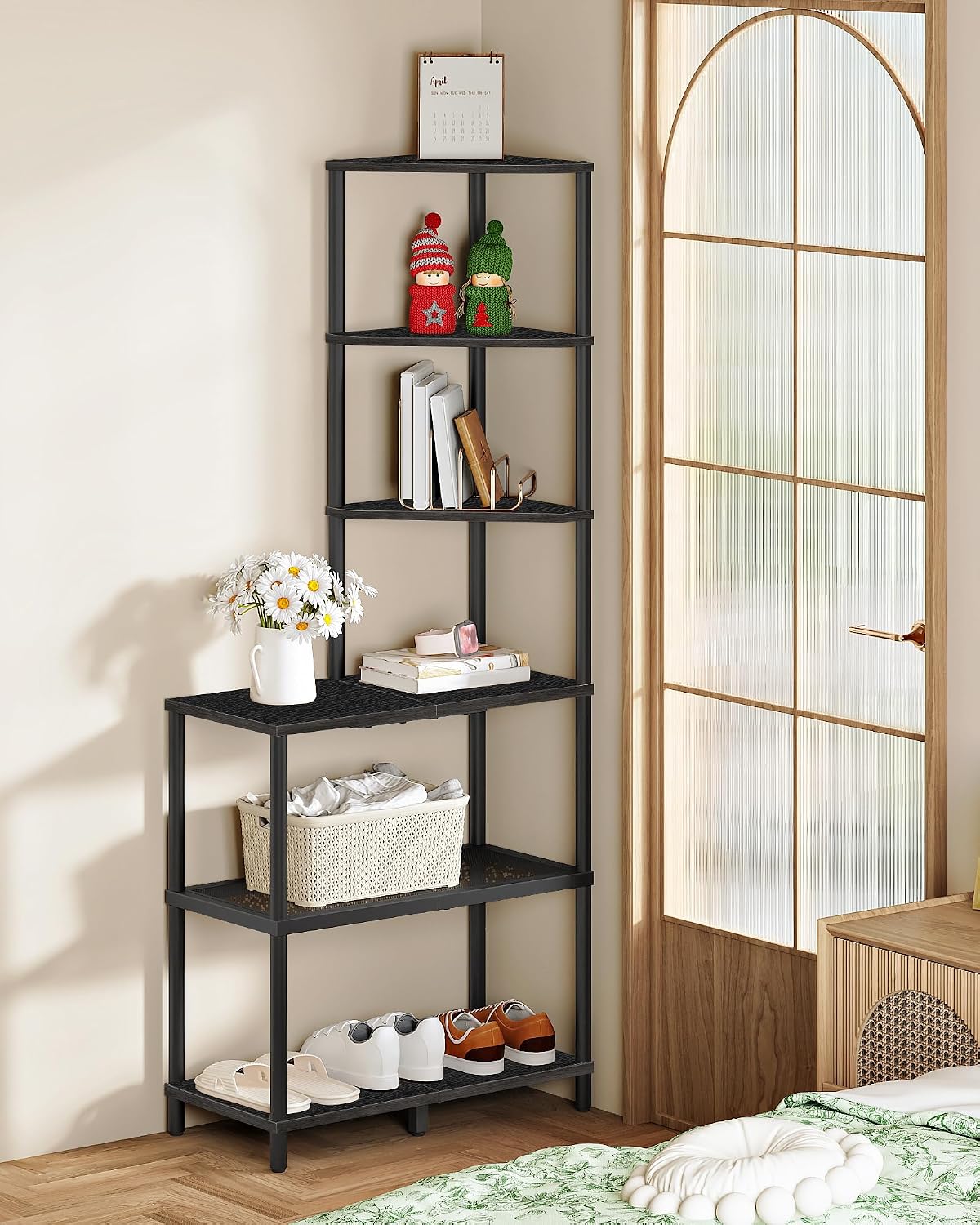 6-Tier Corner Shelf, Industrial Corner Bookshelf with Desk Top, Diamond-Shaped Storage Shelves, Display Stand for Small Spaces, Living Room, Home Office, Foyer, Rustic Brown and Black TCJ70BF