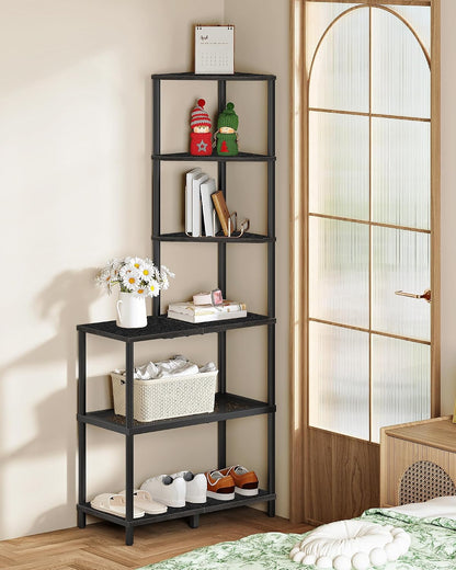 6-Tier Corner Shelf, Industrial Corner Bookshelf with Desk Top, Diamond-Shaped Storage Shelves, Display Stand for Small Spaces, Living Room, Home Office, Foyer, Rustic Brown and Black TCJ70BF