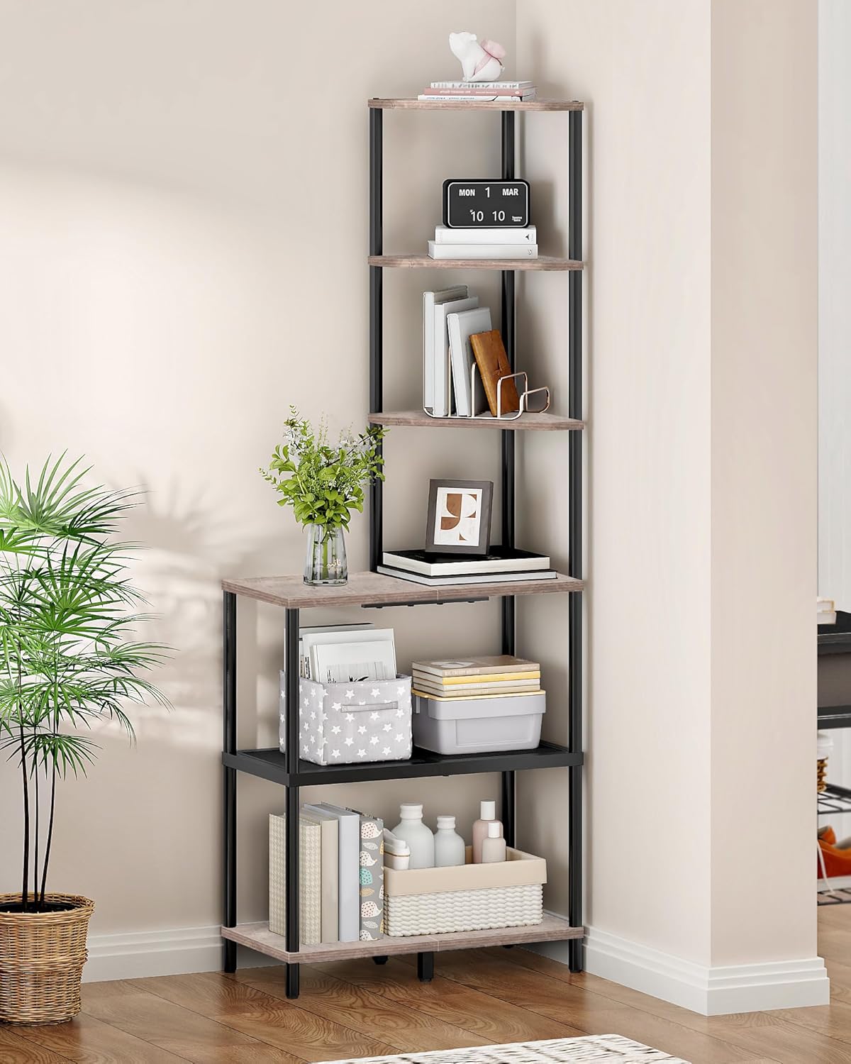 6-Tier Corner Shelf, Industrial Corner Bookshelf with Desk Top, Diamond-Shaped Storage Shelves, Display Stand for Small Spaces, Living Room, Home Office, Foyer, Rustic Brown and Black TCJ70BF
