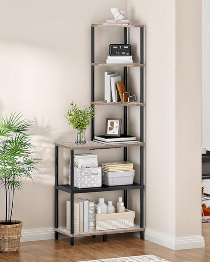6-Tier Corner Shelf, Industrial Corner Bookshelf with Desk Top, Diamond-Shaped Storage Shelves, Display Stand for Small Spaces, Living Room, Home Office, Foyer, Rustic Brown and Black TCJ70BF