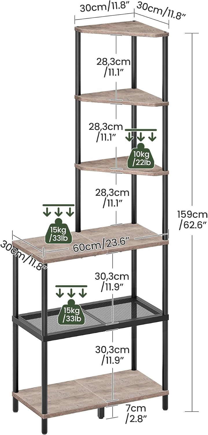 6-Tier Corner Shelf, Industrial Corner Bookshelf with Desk Top, Diamond-Shaped Storage Shelves, Display Stand for Small Spaces, Living Room, Home Office, Foyer, Rustic Brown and Black TCJ70BF