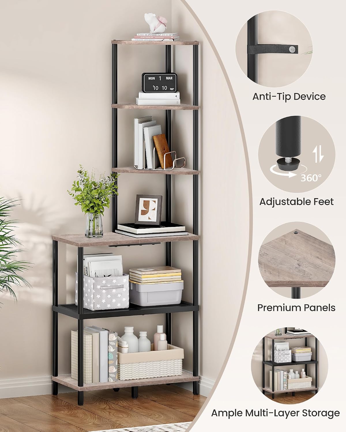 6-Tier Corner Shelf, Industrial Corner Bookshelf with Desk Top, Diamond-Shaped Storage Shelves, Display Stand for Small Spaces, Living Room, Home Office, Foyer, Rustic Brown and Black TCJ70BF