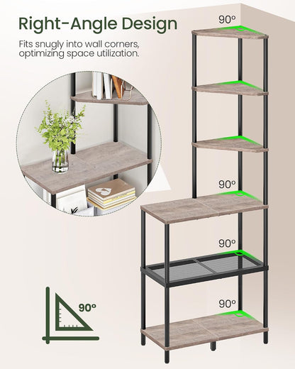 6-Tier Corner Shelf, Industrial Corner Bookshelf with Desk Top, Diamond-Shaped Storage Shelves, Display Stand for Small Spaces, Living Room, Home Office, Foyer, Rustic Brown and Black TCJ70BF