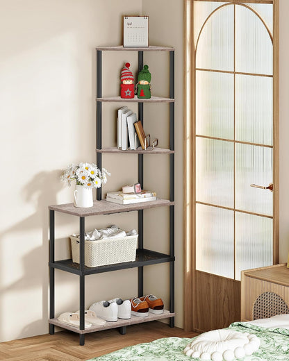 6-Tier Corner Shelf, Industrial Corner Bookshelf with Desk Top, Diamond-Shaped Storage Shelves, Display Stand for Small Spaces, Living Room, Home Office, Foyer, Rustic Brown and Black TCJ70BF