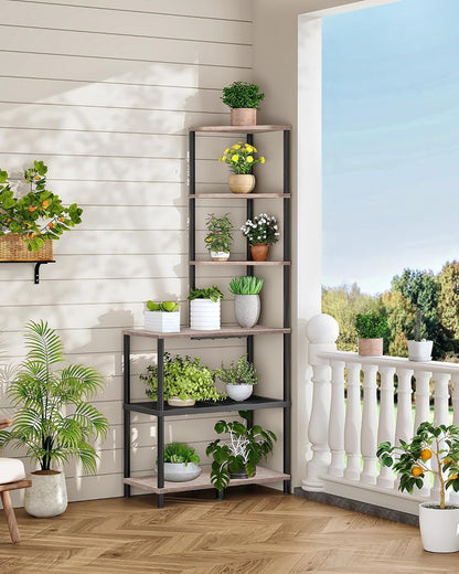6-Tier Corner Shelf, Industrial Corner Bookshelf with Desk Top, Diamond-Shaped Storage Shelves, Display Stand for Small Spaces, Living Room, Home Office, Foyer, Rustic Brown and Black TCJ70BF