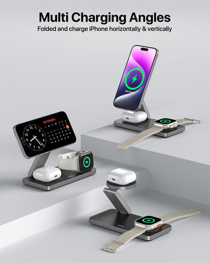 Foldable 3 in 1 Wireless Charging Station for Apple Magsafe Charger Stand,Fast Magnetic Wireless Charger Station for iPhone 17 Air 16 15 14 13 12 Series,Airpods Pro,Apple Watch Ultra (Pure Black)