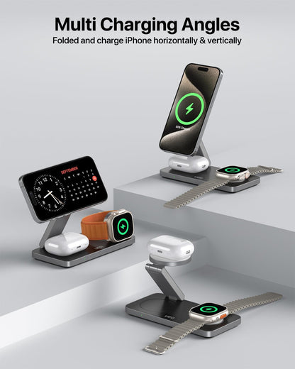 Foldable 3 in 1 Wireless Charging Station for Apple Magsafe Charger Stand,Fast Magnetic Wireless Charger Station for iPhone 17 Air 16 15 14 13 12 Series,Airpods Pro,Apple Watch Ultra (Pure Black)