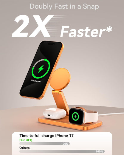 Foldable 3 in 1 Wireless Charging Station for Apple Magsafe Charger Stand,Fast Magnetic Wireless Charger Station for iPhone 17 Air 16 15 14 13 12 Series,Airpods Pro,Apple Watch Ultra (Pure Black)