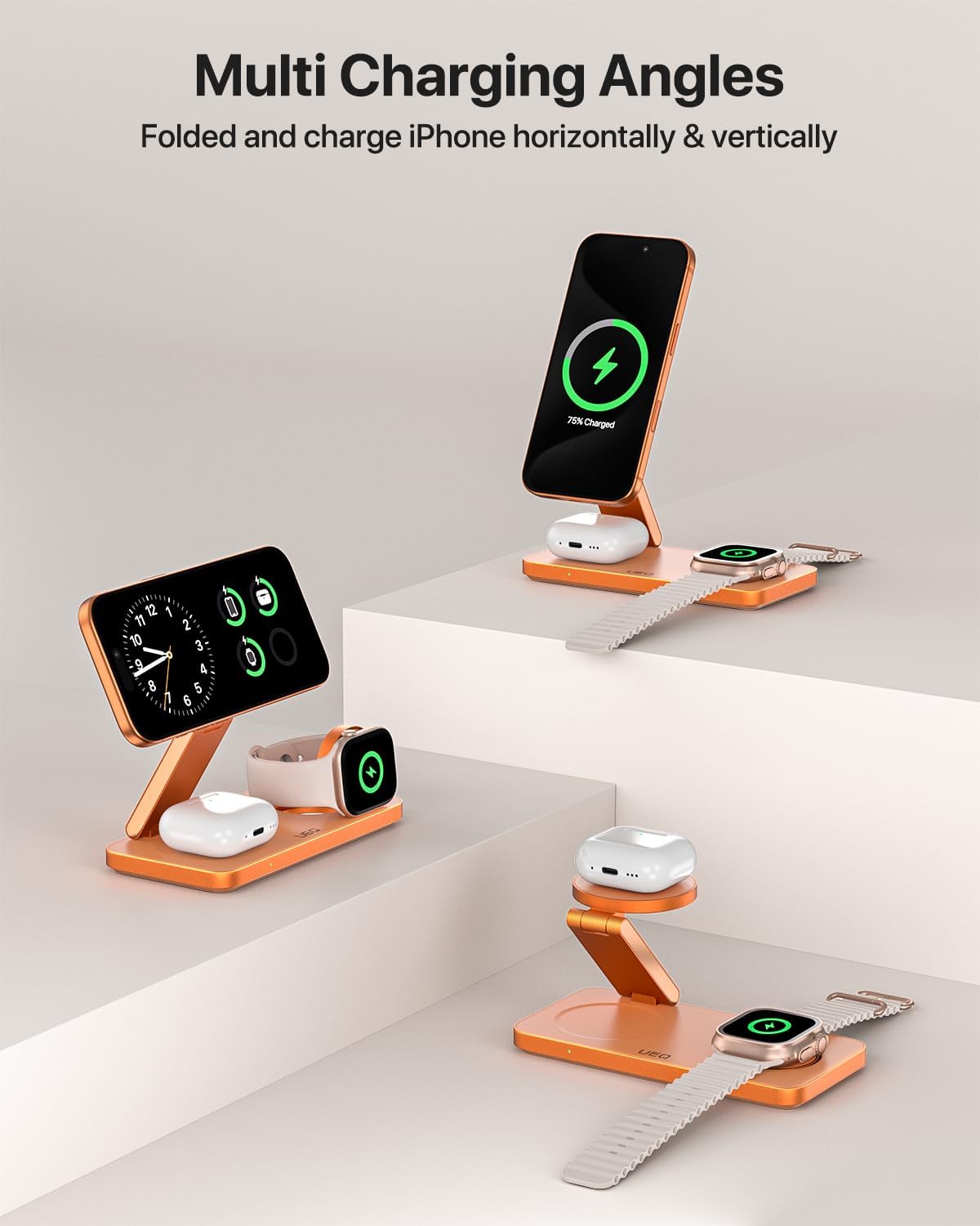 Foldable 3 in 1 Wireless Charging Station for Apple Magsafe Charger Stand,Fast Magnetic Wireless Charger Station for iPhone 17 Air 16 15 14 13 12 Series,Airpods Pro,Apple Watch Ultra (Pure Black)