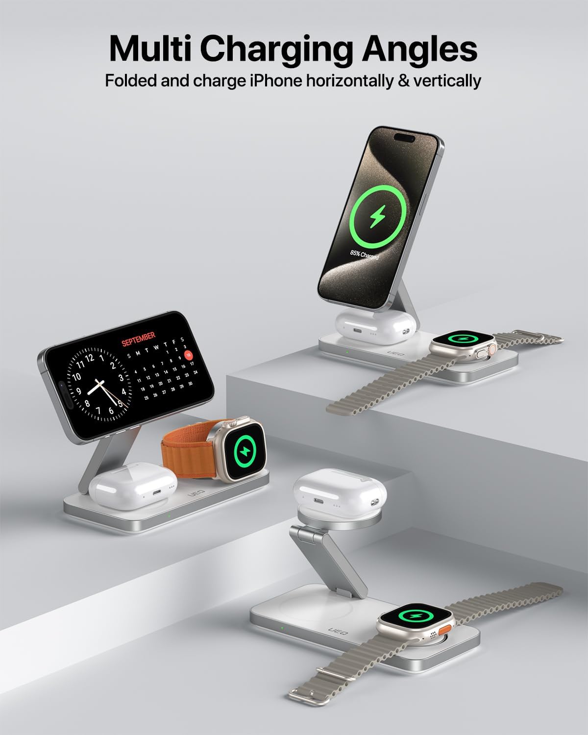 Foldable 3 in 1 Wireless Charging Station for Apple Magsafe Charger Stand,Fast Magnetic Wireless Charger Station for iPhone 17 Air 16 15 14 13 12 Series,Airpods Pro,Apple Watch Ultra (Pure Black)