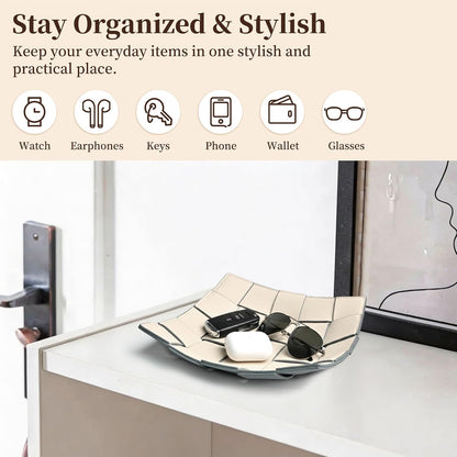 Valet Tray PU Leather Key Holder Bowl for Men Entryway Table Nightstand Desk Tray for Wallet, Keys Men's Gift - Brown & Black, 9.8" L x 9.8" W x 2" H