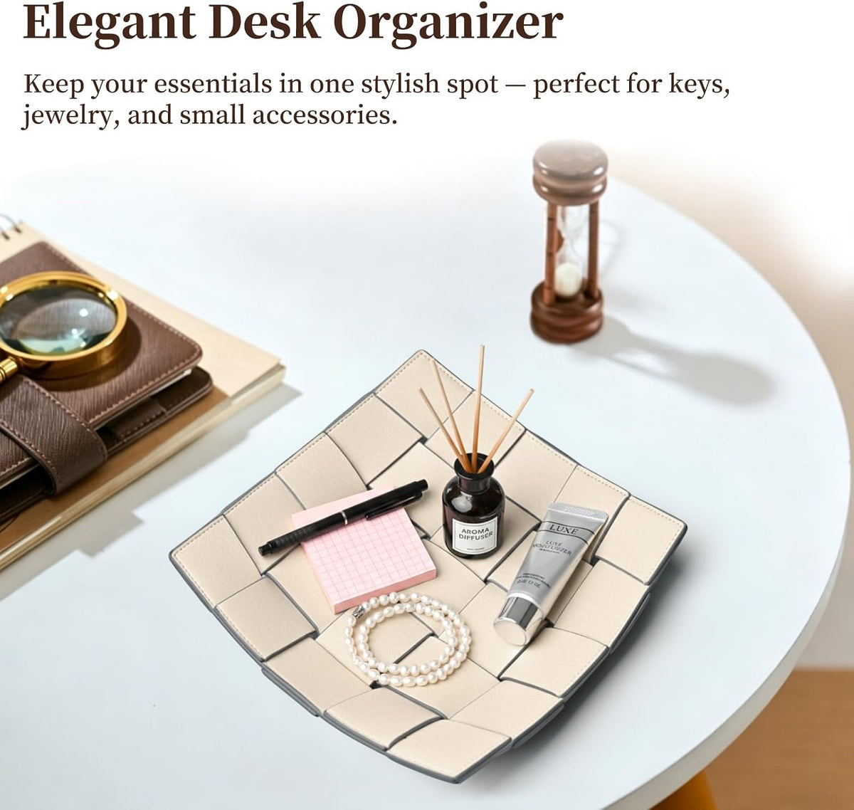 Valet Tray PU Leather Key Holder Bowl for Men Entryway Table Nightstand Desk Tray for Wallet, Keys Men's Gift - Brown & Black, 9.8" L x 9.8" W x 2" H