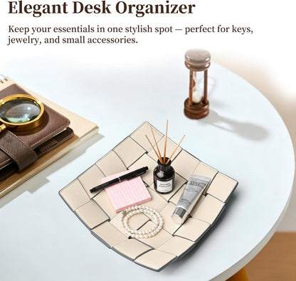 Valet Tray PU Leather Key Holder Bowl for Men Entryway Table Nightstand Desk Tray for Wallet, Keys Men's Gift - Brown & Black, 9.8" L x 9.8" W x 2" H