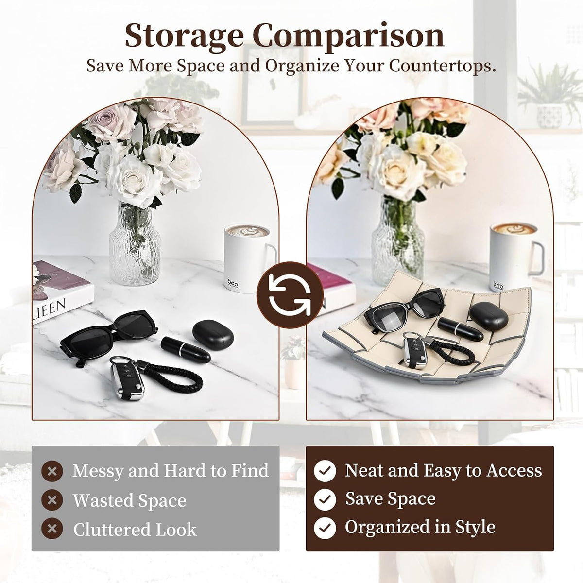 Valet Tray PU Leather Key Holder Bowl for Men Entryway Table Nightstand Desk Tray for Wallet, Keys Men's Gift - Brown & Black, 9.8" L x 9.8" W x 2" H