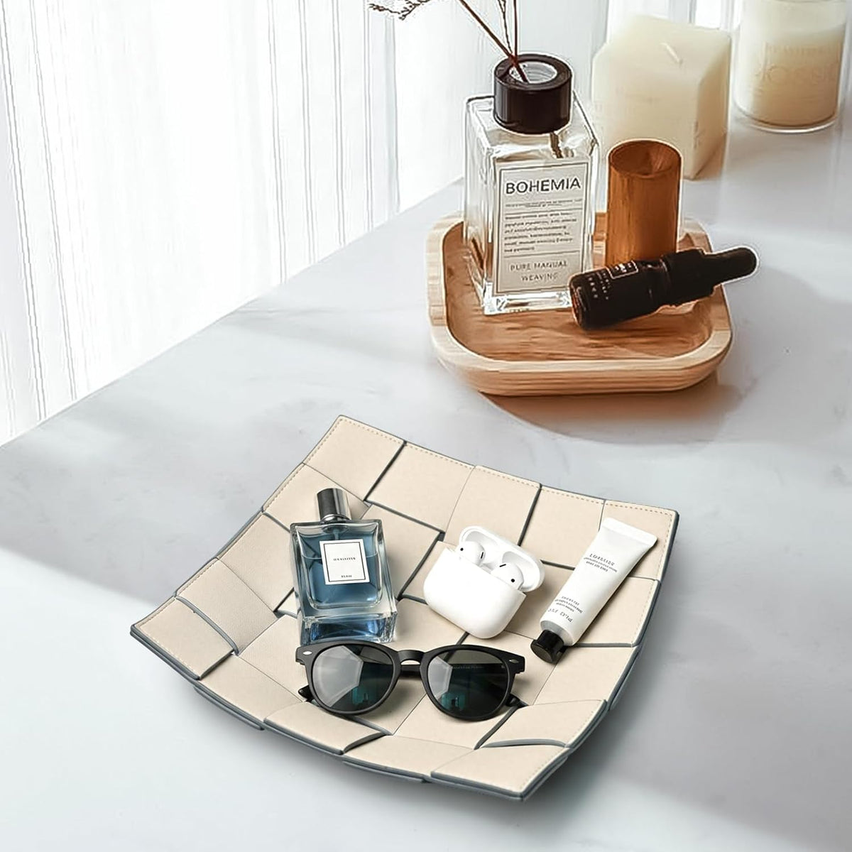 Valet Tray PU Leather Key Holder Bowl for Men Entryway Table Nightstand Desk Tray for Wallet, Keys Men's Gift - Brown & Black, 9.8" L x 9.8" W x 2" H