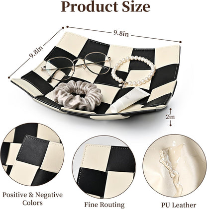 Valet Tray PU Leather Key Holder Bowl for Men Entryway Table Nightstand Desk Tray for Wallet, Keys Men's Gift - Brown & Black, 9.8" L x 9.8" W x 2" H