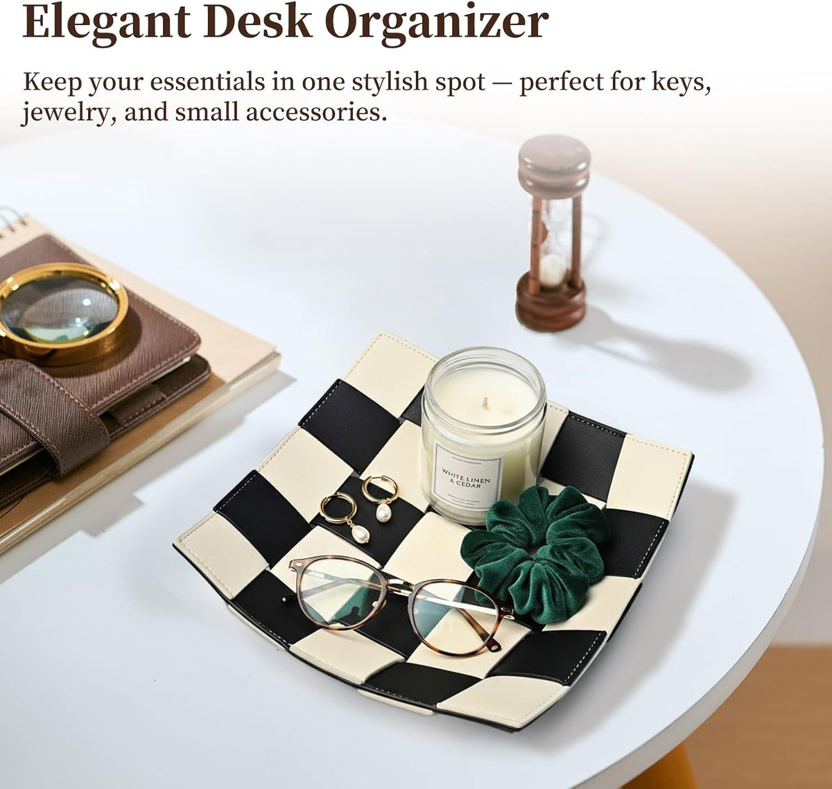 Valet Tray PU Leather Key Holder Bowl for Men Entryway Table Nightstand Desk Tray for Wallet, Keys Men's Gift - Brown & Black, 9.8" L x 9.8" W x 2" H