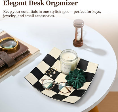 Valet Tray PU Leather Key Holder Bowl for Men Entryway Table Nightstand Desk Tray for Wallet, Keys Men's Gift - Brown & Black, 9.8" L x 9.8" W x 2" H