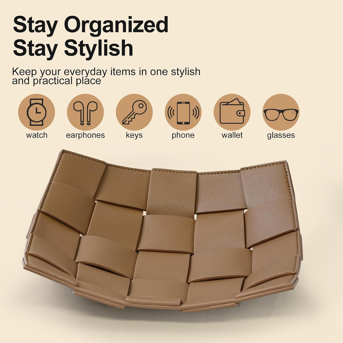 Valet Tray PU Leather Key Holder Bowl for Men Entryway Table Nightstand Desk Tray for Wallet, Keys Men's Gift - Brown & Black, 9.8" L x 9.8" W x 2" H