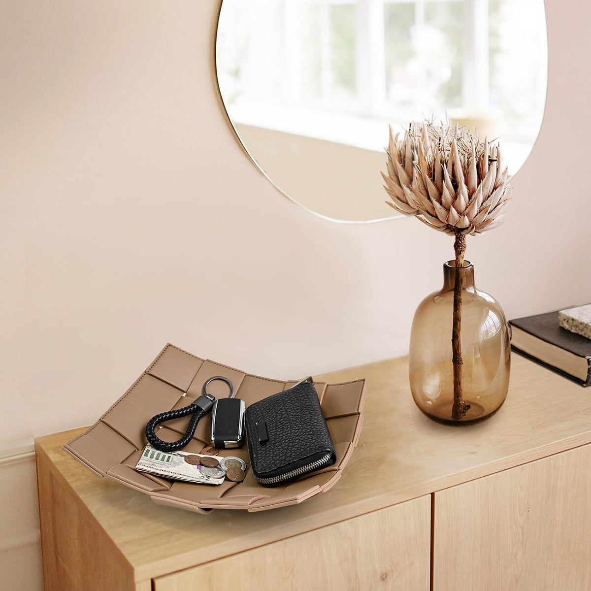 Valet Tray PU Leather Key Holder Bowl for Men Entryway Table Nightstand Desk Tray for Wallet, Keys Men's Gift - Brown & Black, 9.8" L x 9.8" W x 2" H