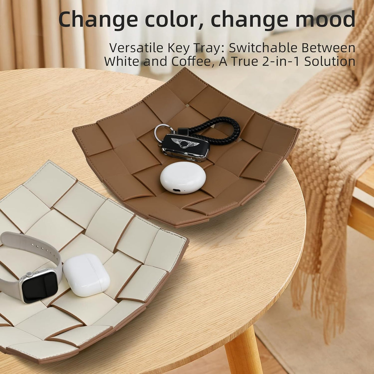 Valet Tray PU Leather Key Holder Bowl for Men Entryway Table Nightstand Desk Tray for Wallet, Keys Men's Gift - Brown & Black, 9.8" L x 9.8" W x 2" H
