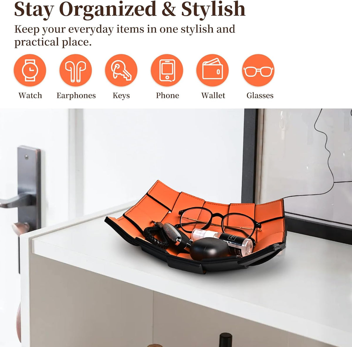 Valet Tray PU Leather Key Holder Bowl for Men Entryway Table Nightstand Desk Tray for Wallet, Keys Men's Gift - Brown & Black, 9.8" L x 9.8" W x 2" H