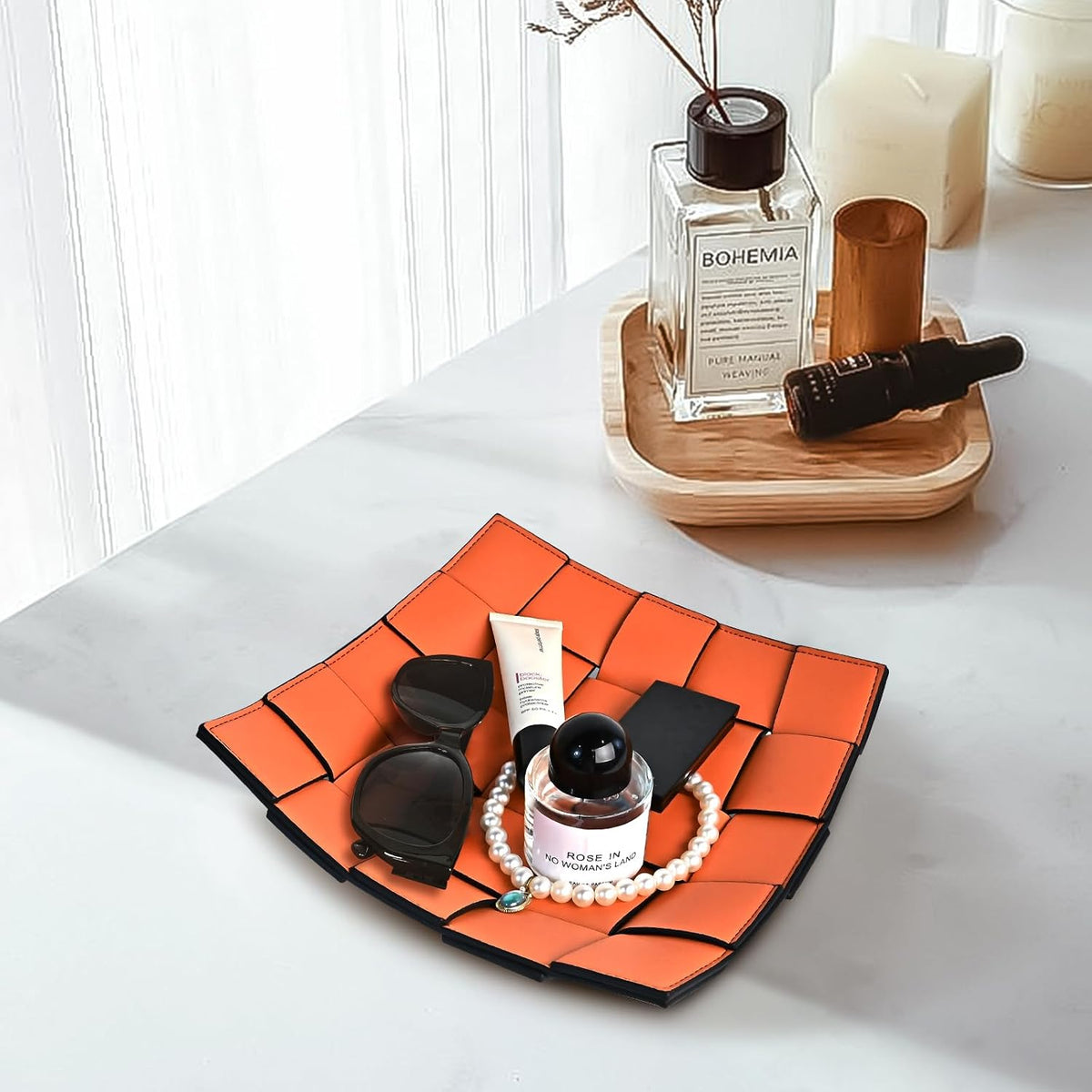 Valet Tray PU Leather Key Holder Bowl for Men Entryway Table Nightstand Desk Tray for Wallet, Keys Men's Gift - Brown & Black, 9.8" L x 9.8" W x 2" H