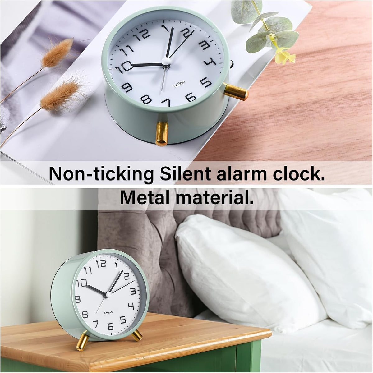 Analog Alarm Clocks,Retro Metal Desk Silent Non Ticking Small Clock with Night Light,Battery Operated,Simple Design,for Bedrooms, Bedside,Office,Home Décor (Green)