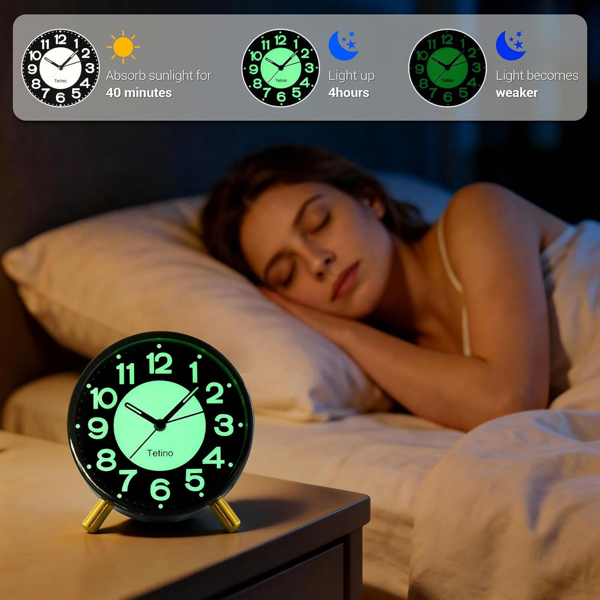 Analog Alarm Clocks,Retro Metal Desk Silent Non Ticking Small Clock with Night Light,Battery Operated,Simple Design,for Bedrooms, Bedside,Office,Home Décor (Green)