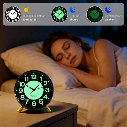 Analog Alarm Clocks,Retro Metal Desk Silent Non Ticking Small Clock with Night Light,Battery Operated,Simple Design,for Bedrooms, Bedside,Office,Home Décor (Green)