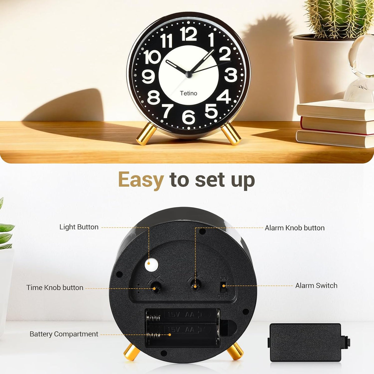Analog Alarm Clocks,Retro Metal Desk Silent Non Ticking Small Clock with Night Light,Battery Operated,Simple Design,for Bedrooms, Bedside,Office,Home Décor (Green)