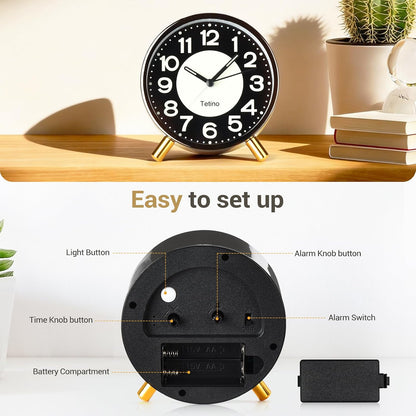 Analog Alarm Clocks,Retro Metal Desk Silent Non Ticking Small Clock with Night Light,Battery Operated,Simple Design,for Bedrooms, Bedside,Office,Home Décor (Green)