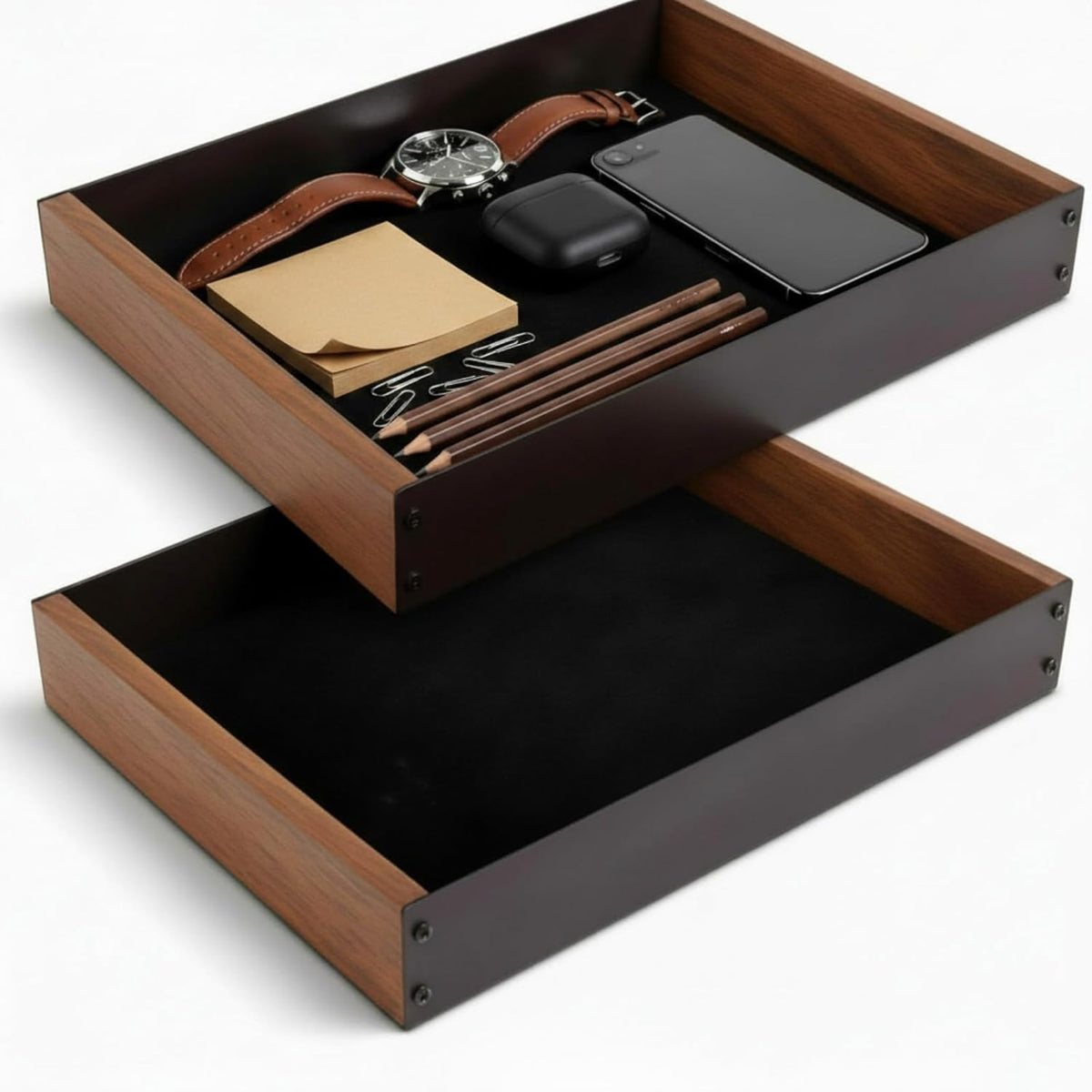 2 Pack Desk Drawer Organizer, Valet Tray for Men, Nightstand Tray Acacia Wooden and Metal Entryway Bedside Dump Holder Accessories for Wallets, Keys, Watches, Phones, Loose Change, Trinkets